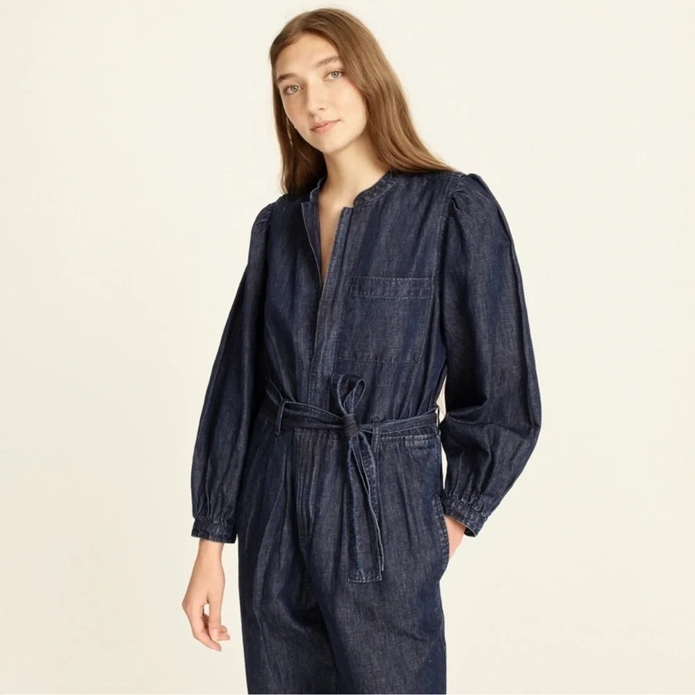 J. Crew Coverall Jumpsuit Puff Sleeve Denim Linen Casual Chic Boho Blue 10 Tall